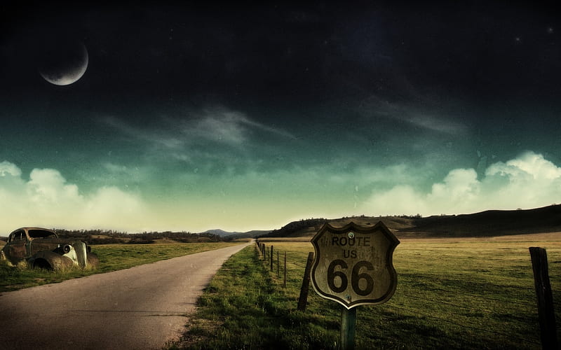Route 66, town, sign, country, sky, 66, old car, route, road, street, HD wallpaper