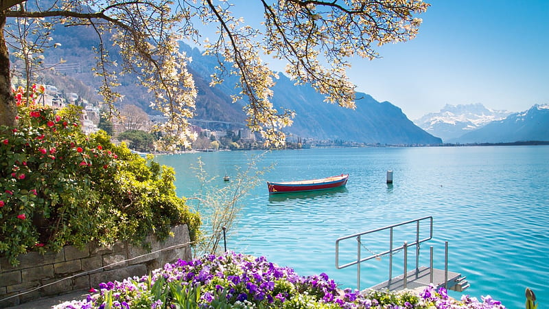 Montreux Lake in Switzerland, Flowers, Blue sky, Purple, Boat, Red, Hillside, view, Dock, White, Nature, Water, Mountains, Lake, HD wallpaper