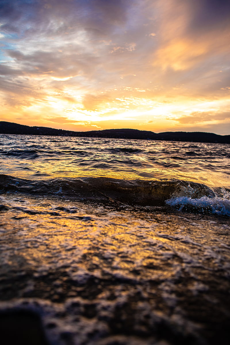 waves, shore, sunset, water, dusk, HD phone wallpaper