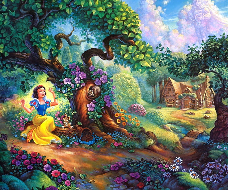 Snow white, fairy forest, fairy tale, house, trees, HD wallpaper