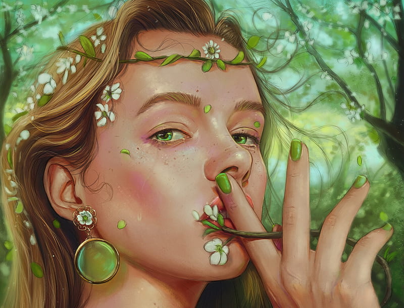 Ophelia, green, arthur henri, hand, face, art, frumusete, luminos, spring, fantasy, flower, HD wallpaper