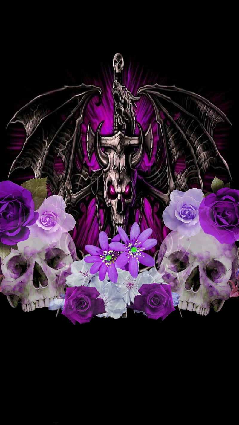 Prince, black, cross, death, flowers, metal, neon, purple, skull, HD phone wallpaper