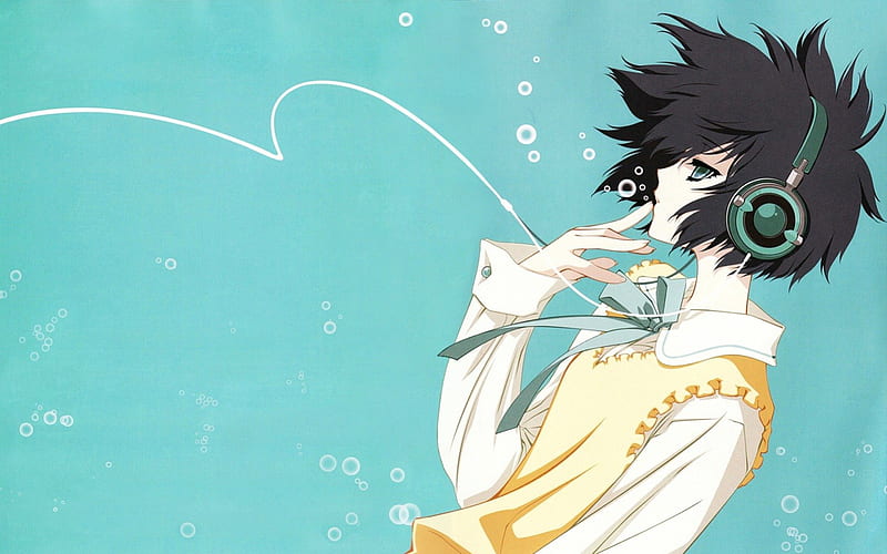 Anime Music, underwater, lovely, greeen eyes, music, headphones, unifrom, bubbels, nice, black hair, HD wallpaper