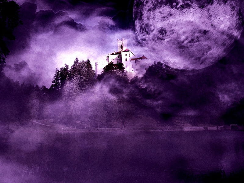 Trakoscan In Purple, lakes, lake, dvorac, croatia, trakoscan, moon, hrvatska, water, purple, castle, night, HD wallpaper