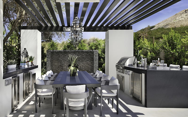 stylish veranda design, gray stylish furniture, black glass chandelier, modern interior design, HD wallpaper
