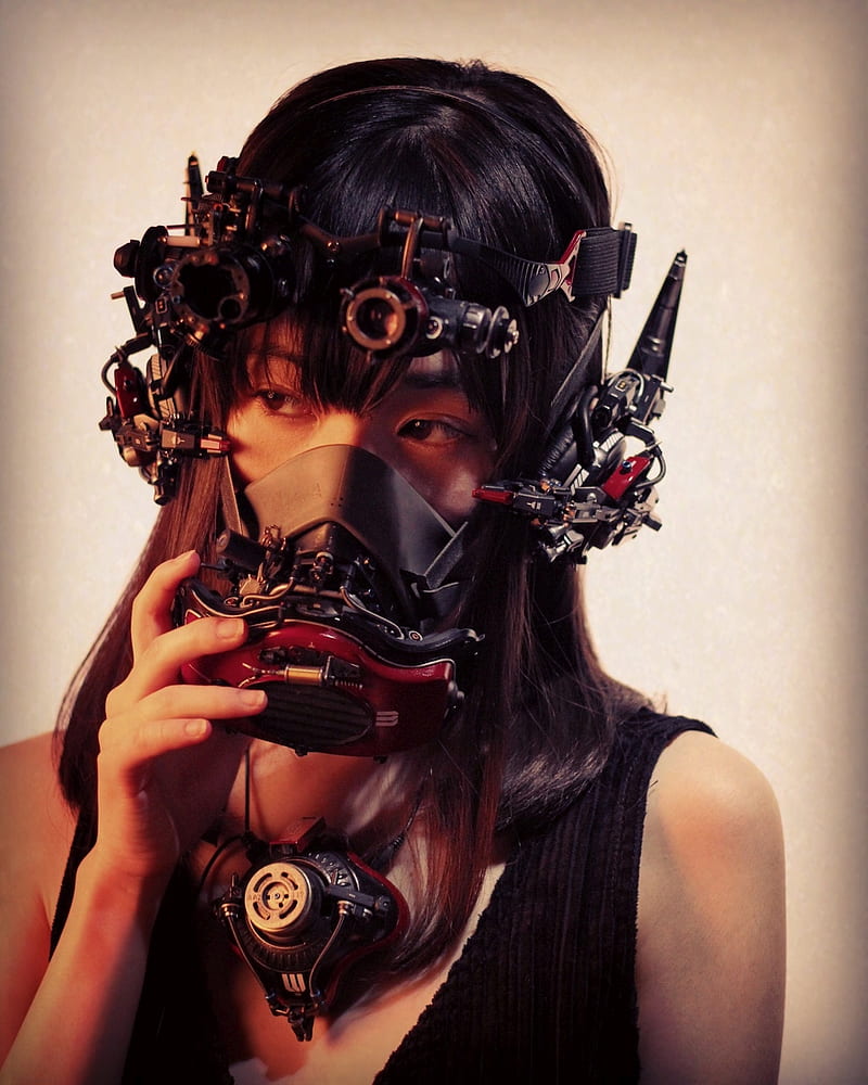 women, cyberpunk, gas masks, Asian, mask, dark hair, long hair, HD phone wallpaper