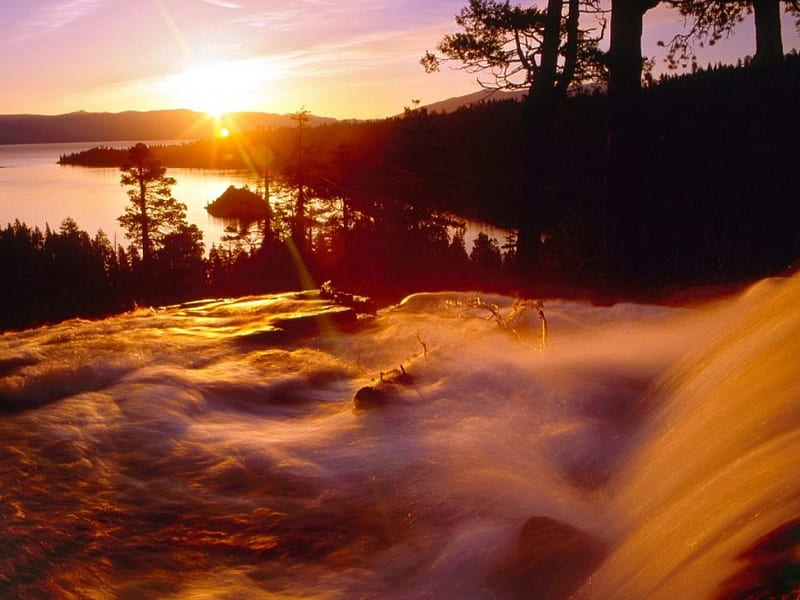 Eagle Creek and Emerald Bay at Sunrise, waterfall, sunrise, creek, bay, HD wallpaper