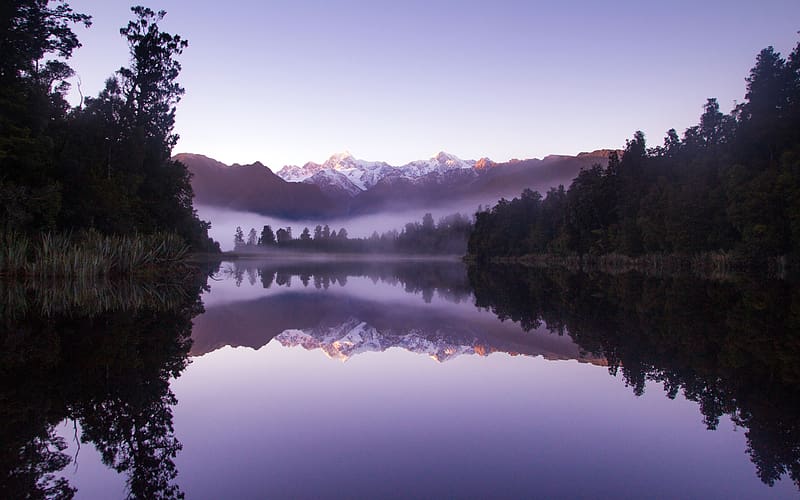 Snow MT Morning Lake Matheson New Zealand, HD wallpaper