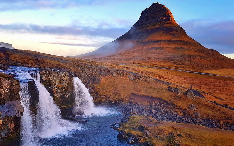 Kirkjufell Mount autumn, waterfalls, Icelandic landmarks, mountains, Kirkjufell, Iceland, Europe, HD wallpaper