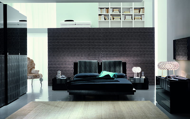modern design bedroom black bed, black and white bedroom, modern style, floor lamps, HD wallpaper