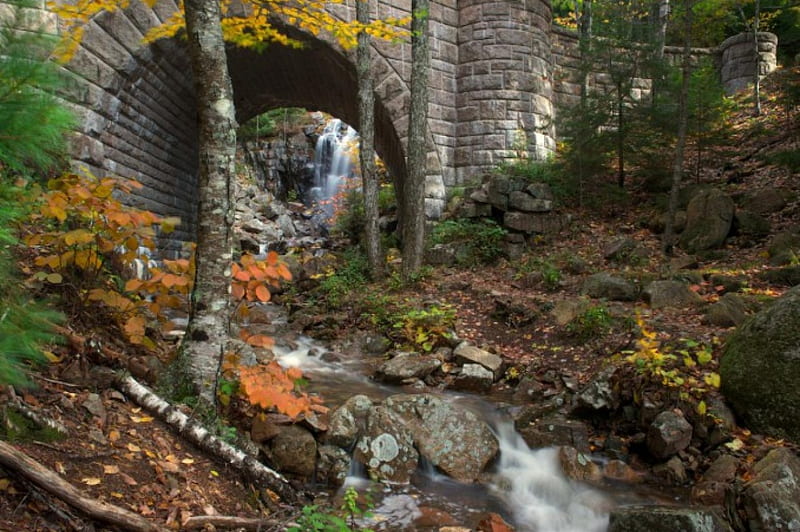 Waterfall Bridge, water, stones, stonebridge, waterfall, creek, HD wallpaper