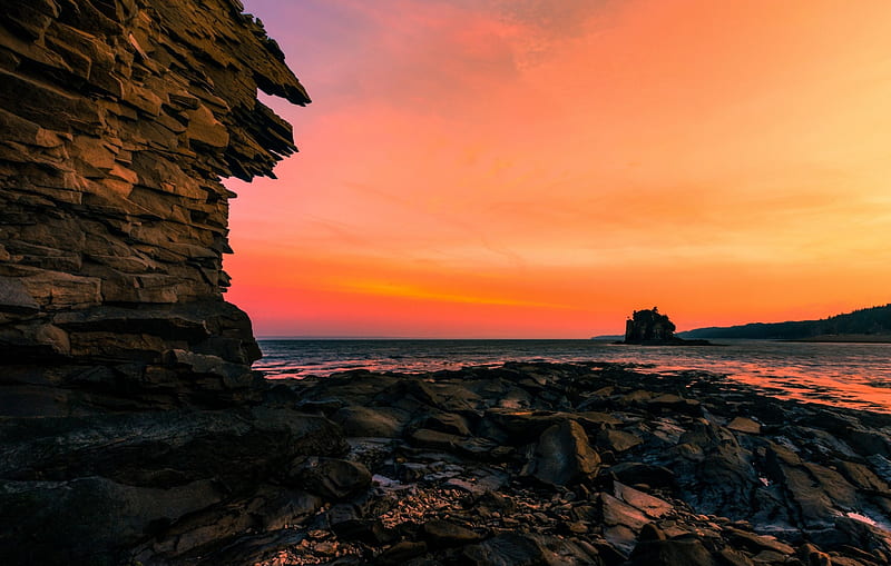 Bay of Fundy, Nova Scotia, rocks, stones, sunset, sky, sea, HD wallpaper