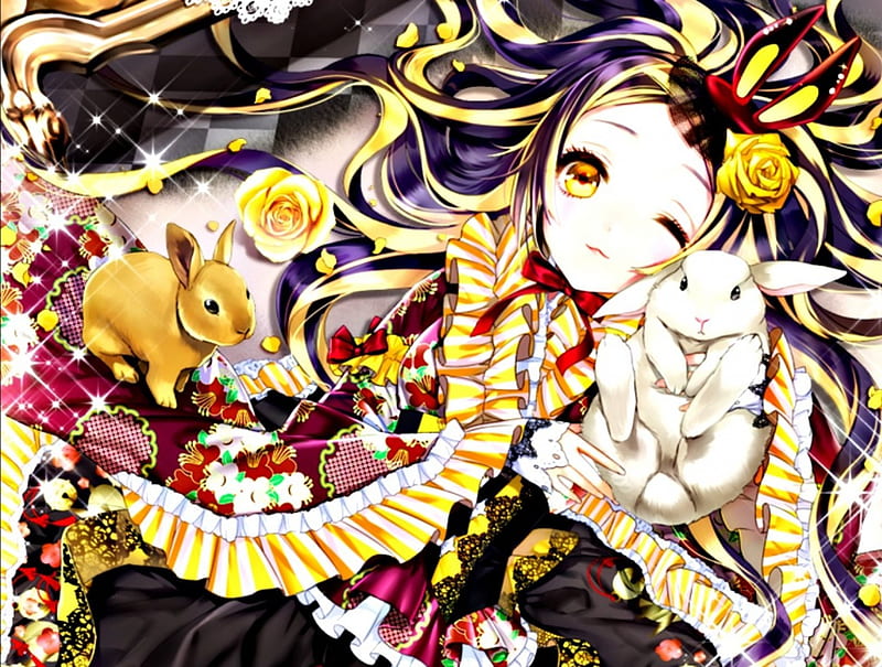 Girl and rabbits, rabbit, manga, yellow, easter, animal, girl, anime, bunny, cocoon, HD wallpaper