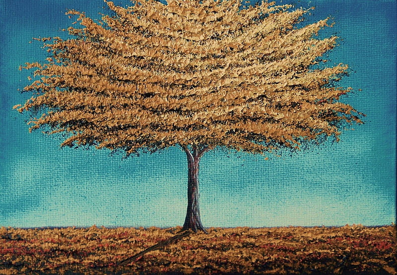 Golden tree, rachel bingaman, art, autumn, luminos, golden, toamna, yellow, tree, painting, pictura, blue, HD wallpaper