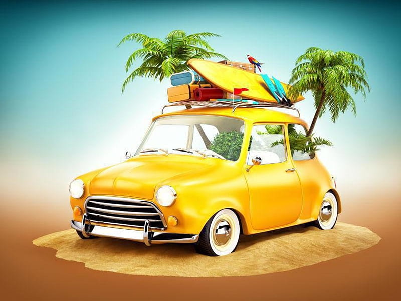 Summer travel, Sand, Vector, Laggg, Palm trees, Car, beach, Luggage, HD wallpaper