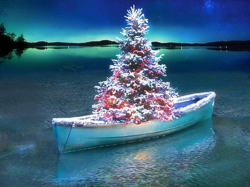 ★Xmas & New Year in Boat★, Christmas, christmas tree, holidays, lovely, New Year, colors, love four seasons, bonito, xmas and new year, winter, boats, paintings, snow, rivers, HD wallpaper