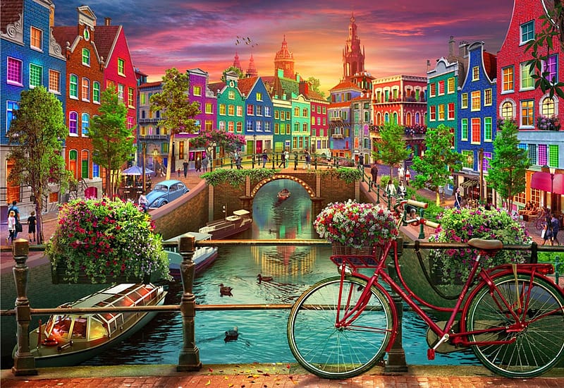 Amsterdam, houses, city, artwork, canal, bicycles, painting, bridge, HD wallpaper