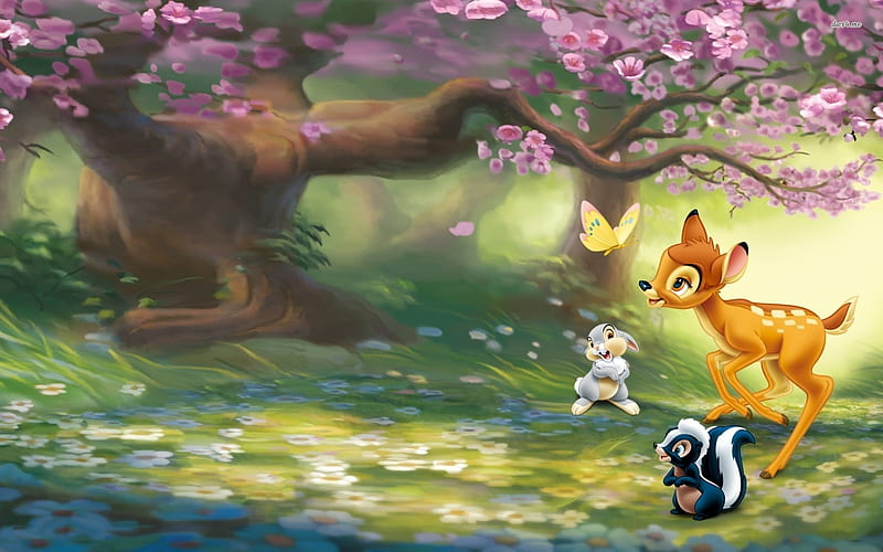 Bambi, Disney, Cartoon, Tree, Thumper, Flowers, Movie, Flower, HD wallpaper