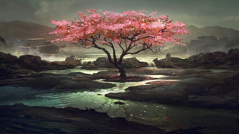 Pink tree on the dark river, 1920x1080, gray, renderized, ipe, stone, river, mirror, morning, scenery, pink, night, reflex, shadow, black, spring, abstract, silhouette, tree, dark, day, reflections, scene, landscape, HD wallpaper