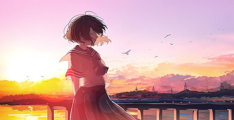 anime girl, sunset, sky, school uniform, short hair, Anime, HD wallpaper