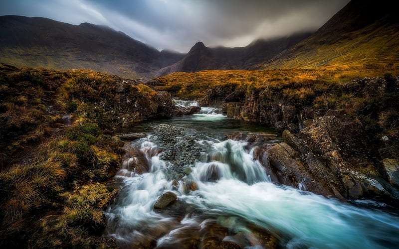 Cuillin Cascade, mountain landscape, autumn, mountain river, fog, Highland, Scotland, HD wallpaper