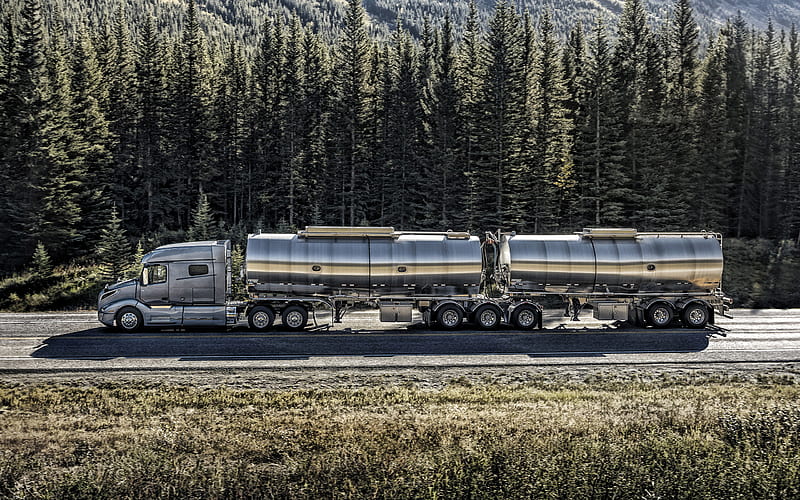 Volvo 860, 2019, transportation of fuel, USA, tank truck, road train, new gray Volvo 860, new trucks, Volvo, HD wallpaper