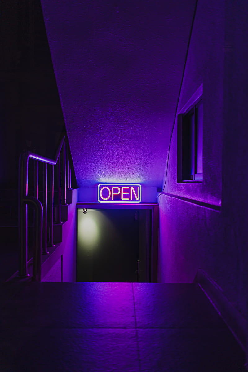 sign, neon, light, purple, door, dark, HD phone wallpaper