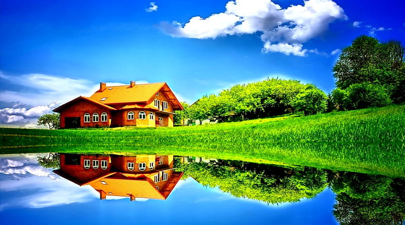 Idyllic Countryside, water, cottage, reflection, trees, sky, lake, HD wallpaper