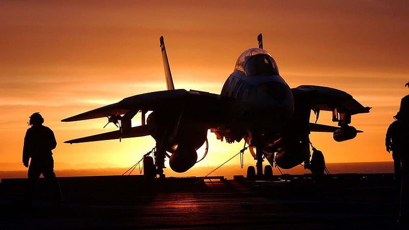 silhouette of F14 fighter on carrier at sunset, military, sunset, carrier, plane, HD wallpaper