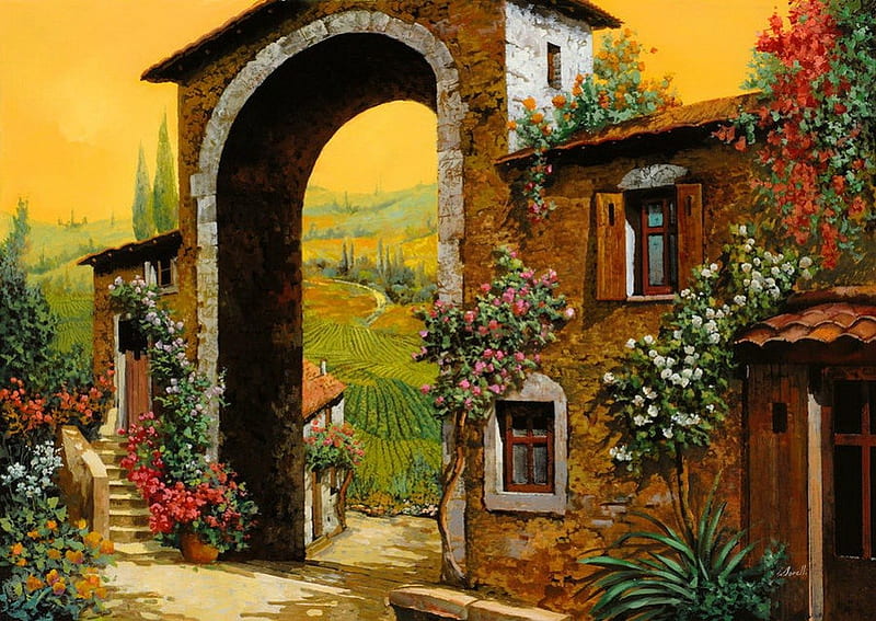 Arco Di Paese, pretty, colorful, art, Tuscany, house, lovely, vineyard, bonito, nice, arch, stone, painting, flowers, beauty, village, nature, HD wallpaper