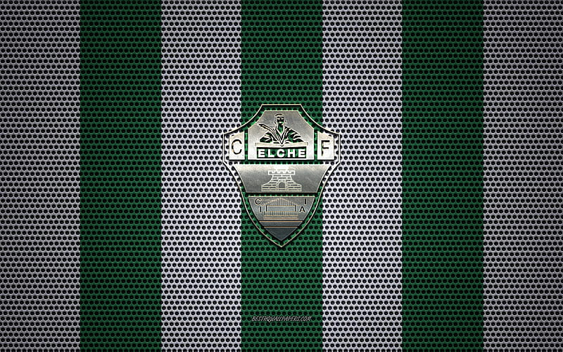 Elche CF logo, Spanish football club, metal emblem, green-white metal mesh background, Elche CF, Segunda, Alicante, Spain, football, HD wallpaper