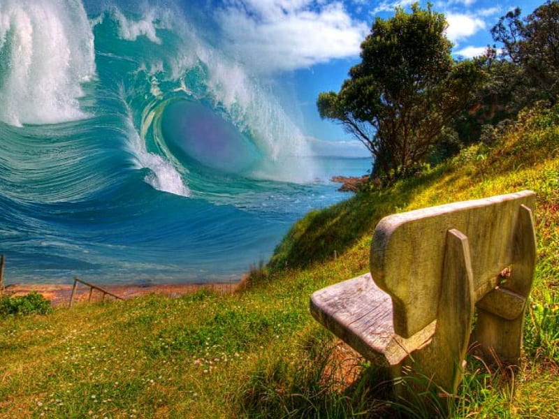 Terrible waves, grass, tsunami, clouds, bushes, sea, fantasy, view, ocean, bench, waves, sky, storm, terrible, sea storm, water, summer, hop, nature, meadow, field, HD wallpaper
