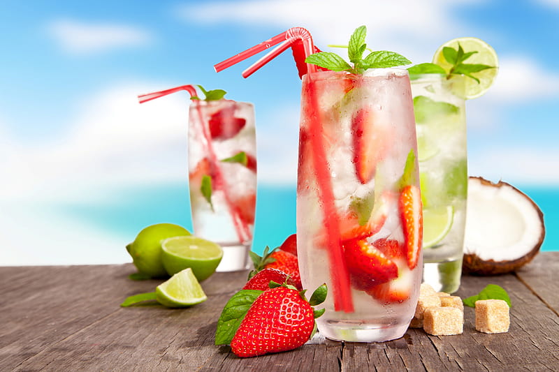 Fresh drinks, cocktail, mint, juice, strawberry, fresh, coconut, fruits, lime, glass, paradise, berry, summer, ice, drink, tropical, HD wallpaper