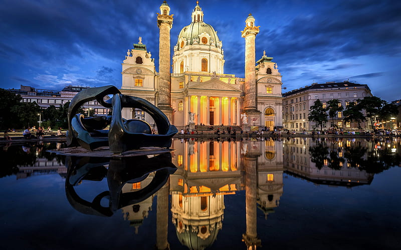 Karlskirche, Vienna, catholic church, evening, sunset, landmark, Austria, Wiener Karlskirche, Baroque Style, St Charles Church, HD wallpaper