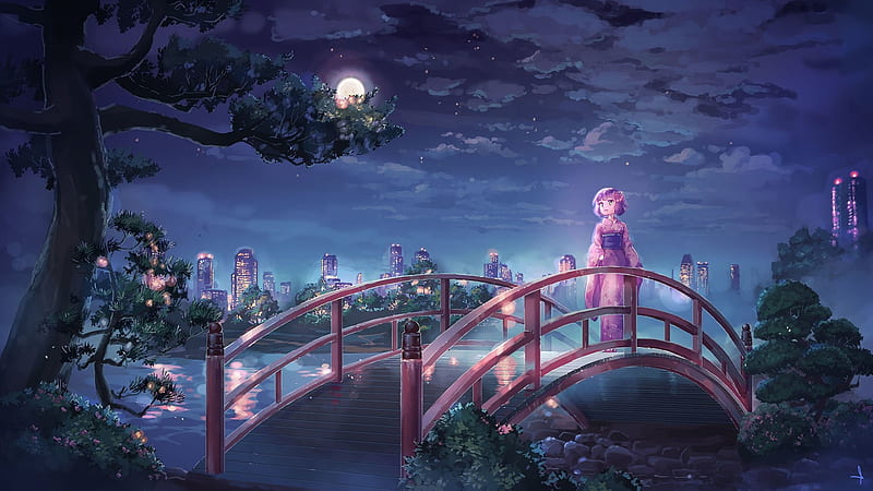 Moonlight Serenity, japan, moon, japanese, girl, garden, orginal, night, art, city, scenery, HD wallpaper