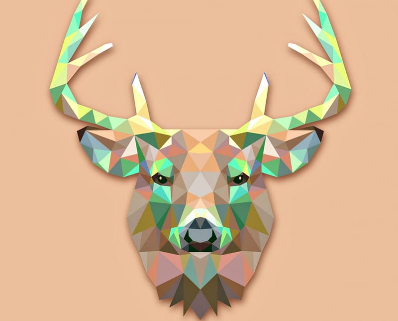 Deer, art, head, orange, yellow, abstract, animal, horns, melanie collins, green, vector, HD wallpaper