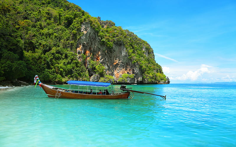 Thailand, Phuket, boat, tropical islands, ocean, beach, rocks, coast, HD wallpaper