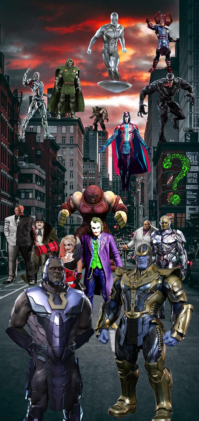 Marvel DC Villians, brainiac, darkseid, harley, joker, juggernaut, kingpin, magneto, penguin, thanos, ultron, HD phone wallpaper
