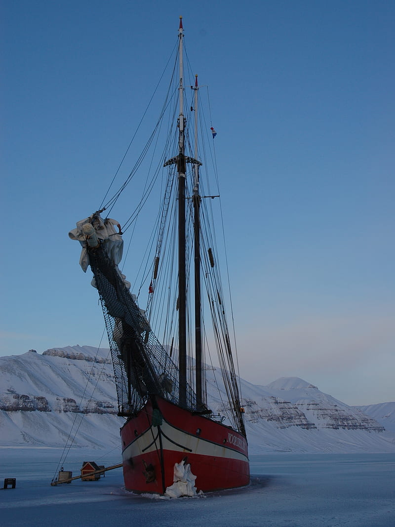 Boat In The Ice, noorderlicht, ship, snow, svalbard, winter, HD phone wallpaper
