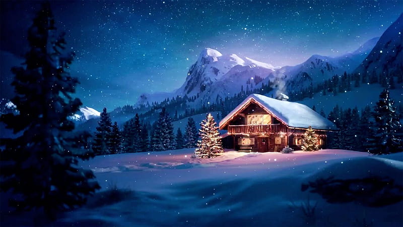 Christmas in the Mountains, cabin, snow, landscape, firs, HD wallpaper