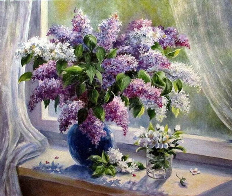 Beautiful Lilacs, window, flowers, vase, curtain, lilacs, HD wallpaper