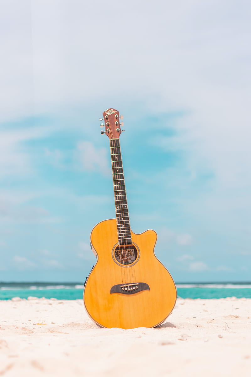 acoustic guitar, guitar, instrument, beach, summer, music, HD phone wallpaper