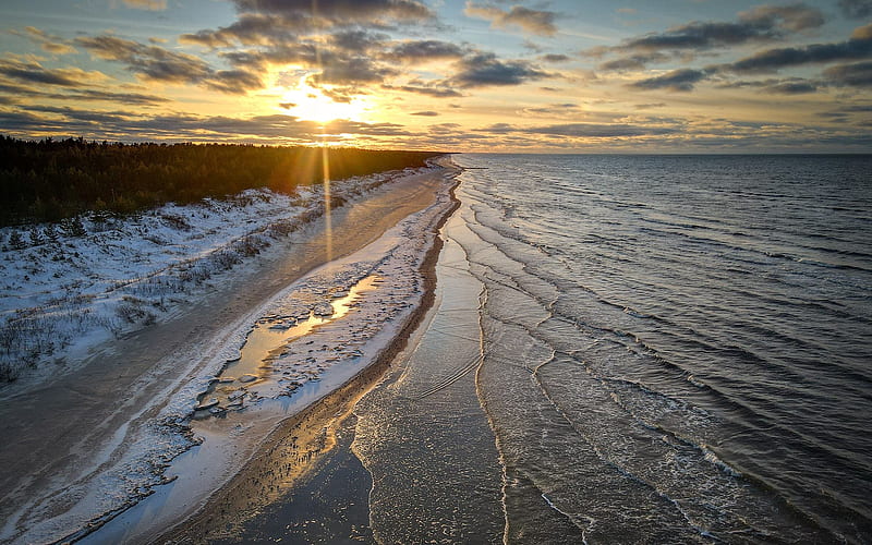 Coast of Latvia, sunset, sea, beach, Latvia, clouds, coast, HD wallpaper