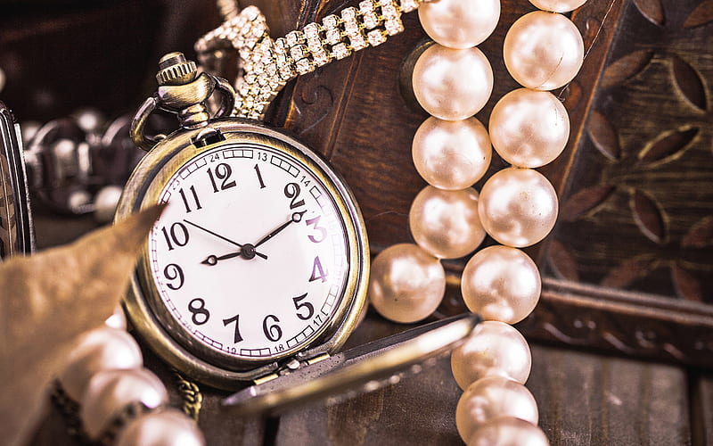 watches, old pocket watches, time concepts, retro things, pearls, HD wallpaper