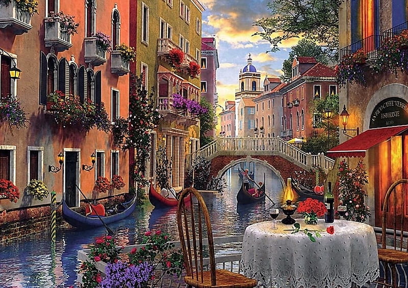 Perfect Evening for Romance, date, romance, canal, wine, flowers, evening, venice, gondola, HD wallpaper