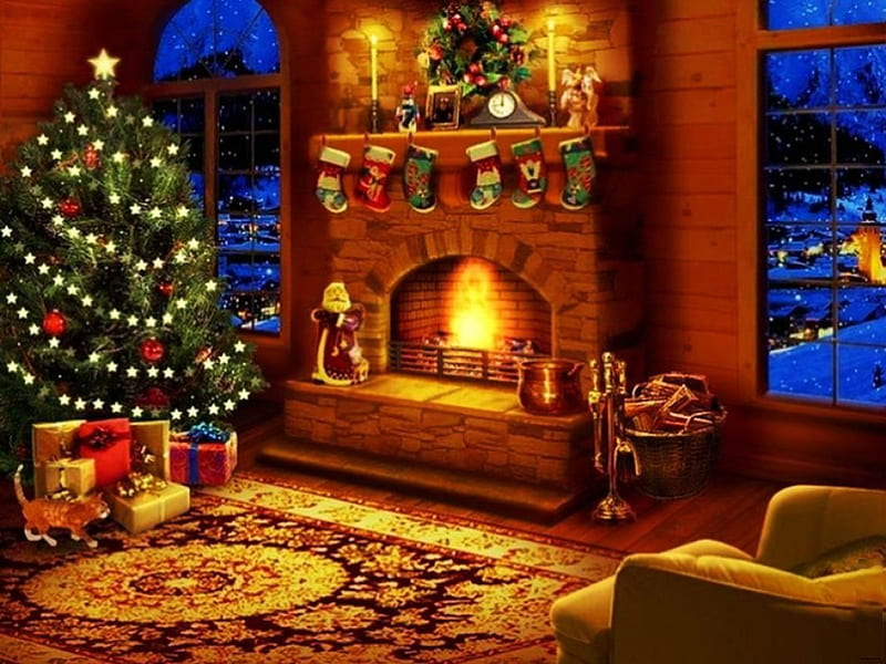 Cozy Christmas, fireplace, fire, christmas tree, armchair, artwork, chimney, xmas, HD wallpaper