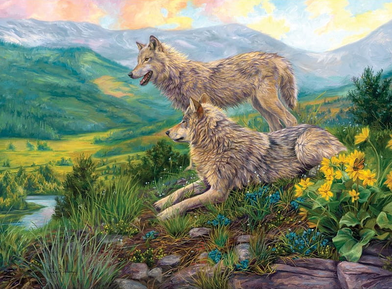 Running wolves, wolf, animal, lucie bilodeau, couple, art, yellow, green, flower, running, painting, pictura, HD wallpaper