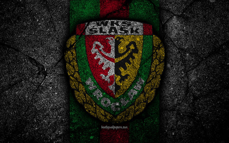 Slask Wroclaw FC logo, Ekstraklasa, soccer, football, black stone, Poland, Slask Wroclaw, football club, asphalt texture, FC Slask Wroclaw, HD wallpaper