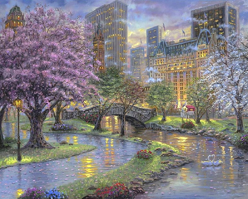 Petals of Spring in Central Park, buildings, bridges, places, love four seasons, spring, attractions in dreams, cherry blossoms, swans, parks, paintings, flowers, cities, Gapstow Bridge, HD wallpaper