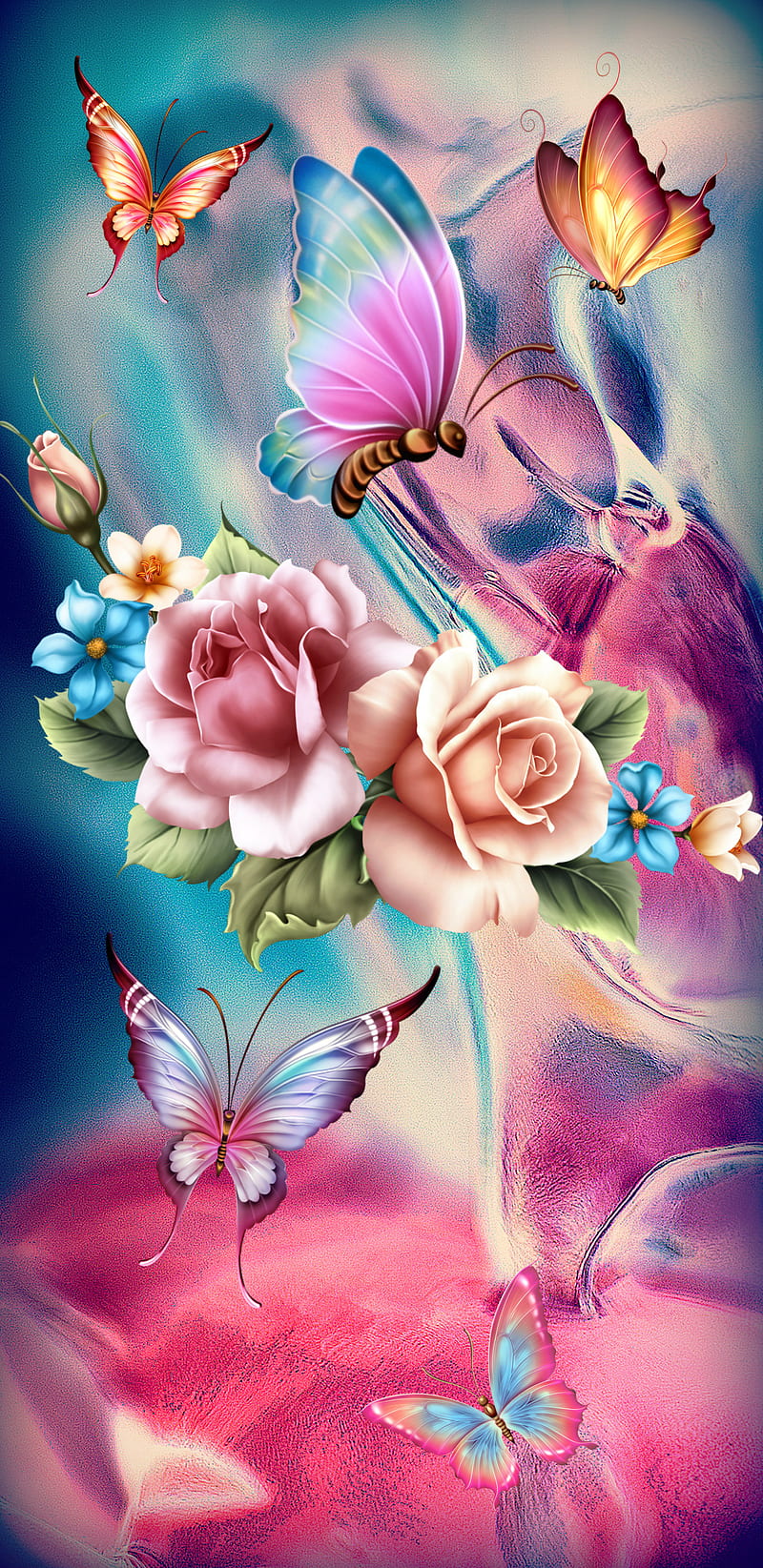 Floral Paint, butterflies, crown, desenho, flowers, painting, princess, roses, silk, white, HD phone wallpaper